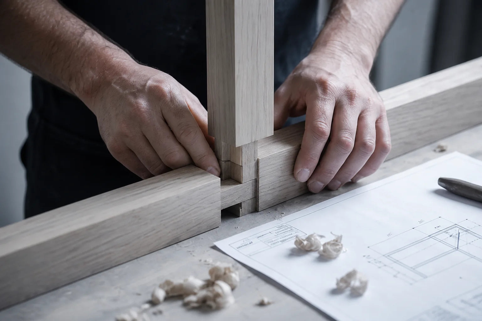 A precise furniture joint being assembled by hand