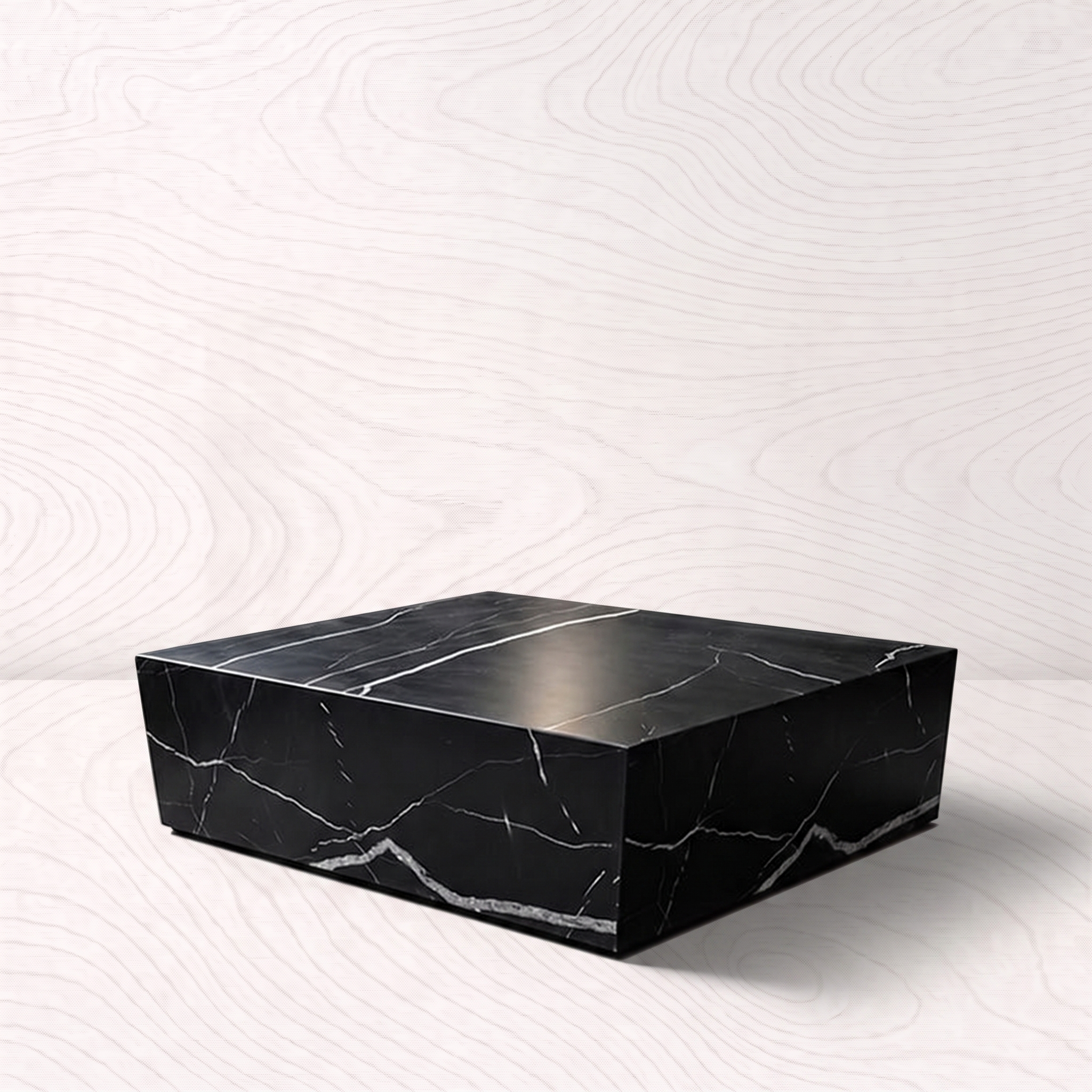 Black Marble Coffee Table in a Moody Modern Living Room photographed on the VARO pale wood-grain studio background