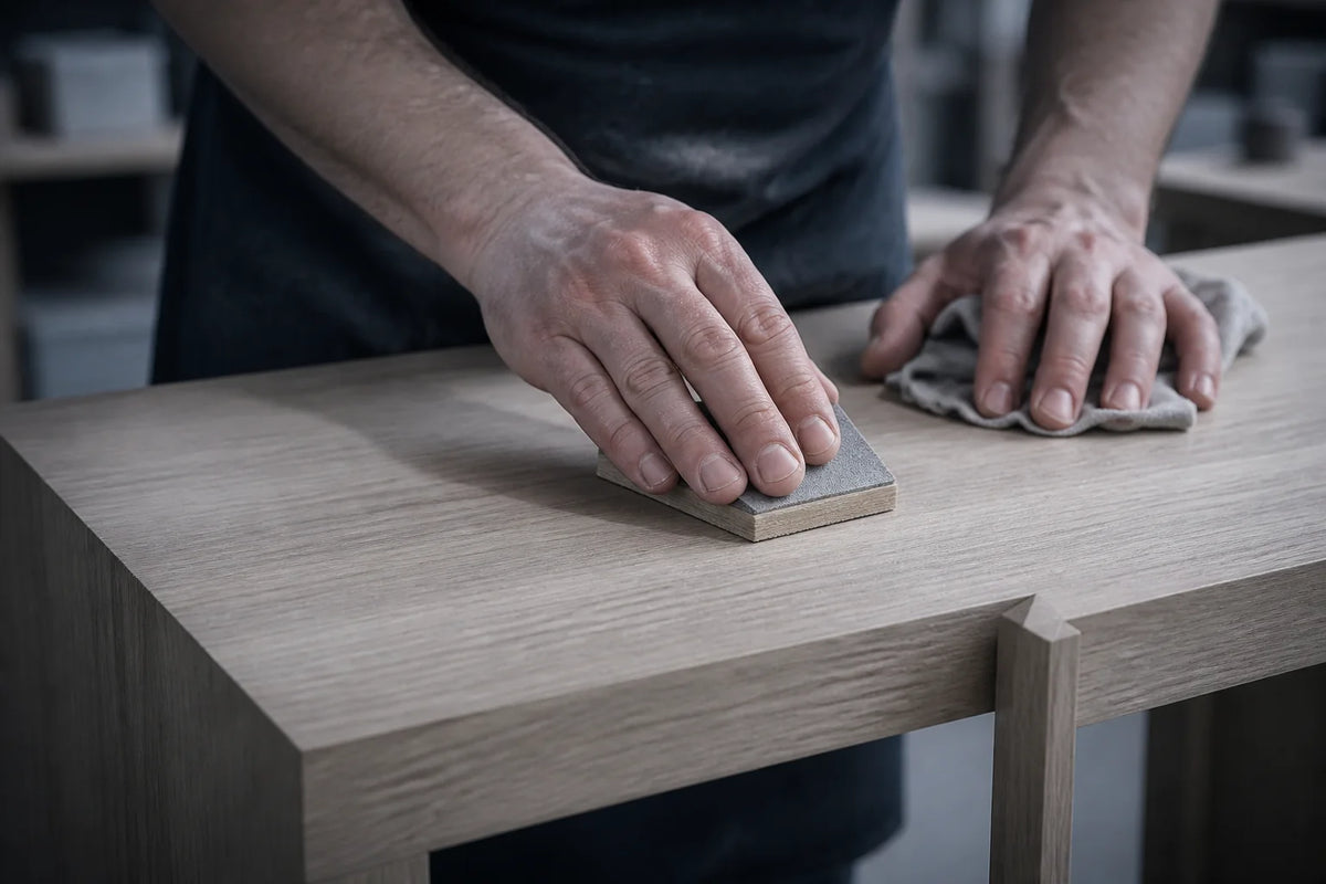A furniture surface being hand finished